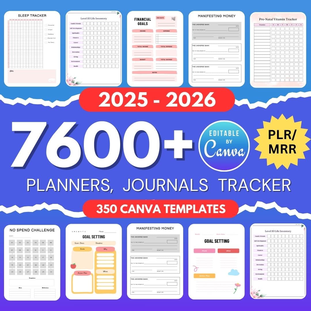 7600 Done For You PLR MRR Digital Products Bundle, Canva Templates, 2025 2026 Digital Printable Planners ,Journals, Trackers, Resell Rights - Image 1